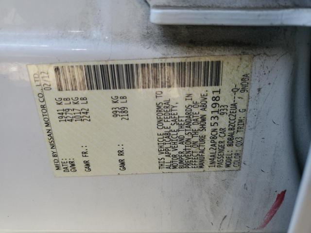 1N4AL2AP8CN531981 - 2012 NISSAN ALTIMA BASE Biały zdjęcie 12