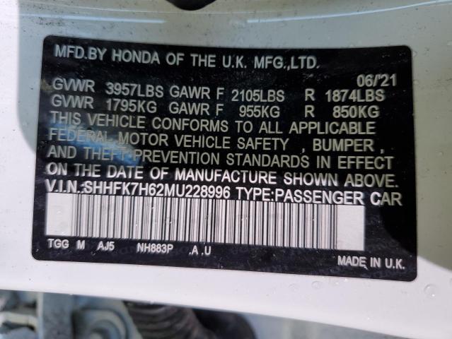 SHHFK7H62MU228996 - 2021 HONDA CIVIC EX WHITE photo 12