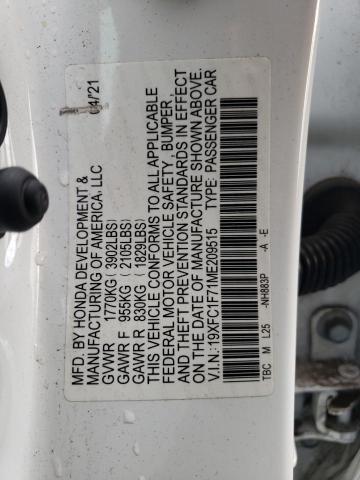 19XFC1F71ME209515 - 2021 HONDA CIVIC EXL თეთრი ფოტო 12