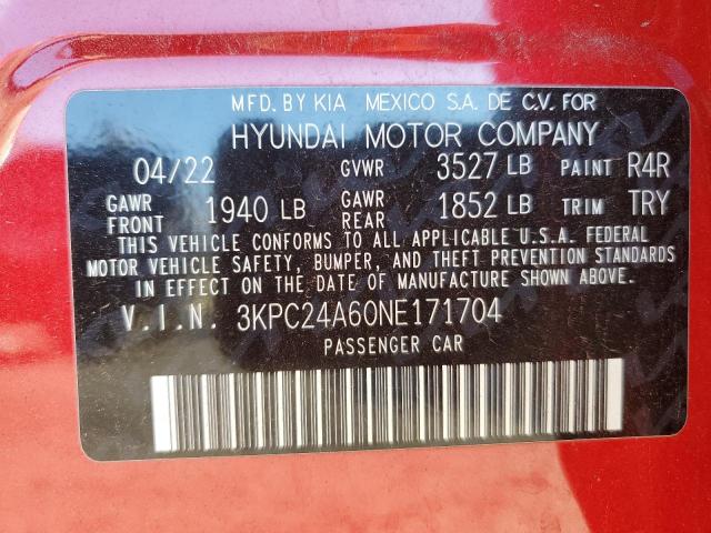 3KPC24A60NE171704 - 2022 HYUNDAI ACCENT SE RED photo 12