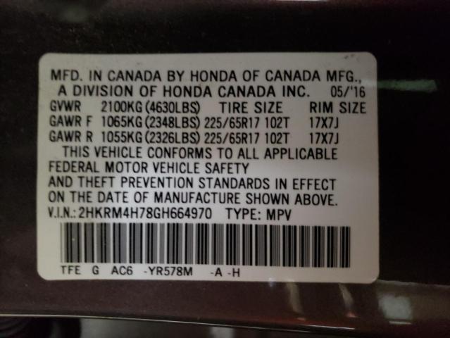 2HKRM4H78GH664970 - 2016 HONDA CR-V EXL GRAY photo 13