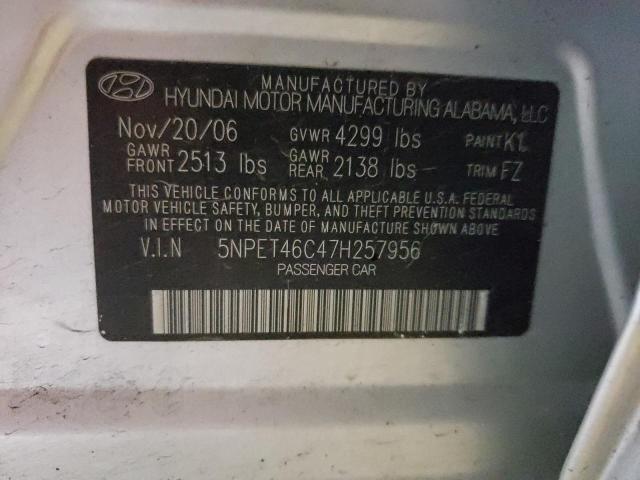 5NPET46C47H257956 - 2007 HYUNDAI SONATA GLS SILVER photo 12