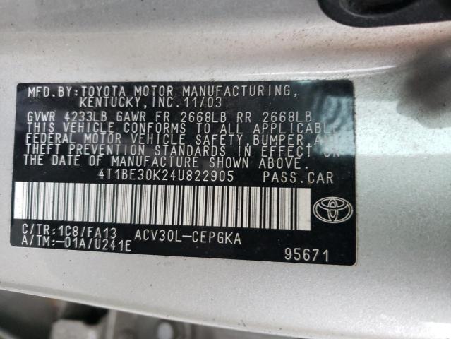 4T1BE30K24U822905 - 2004 TOYOTA CAMRY LE SILVER photo 12