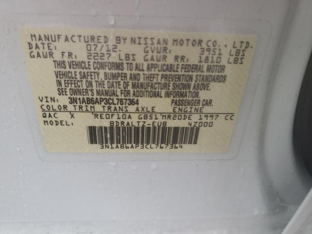 3N1AB6AP3CL767364 - 2012 NISSAN SENTRA 2.0 WHITE photo 12