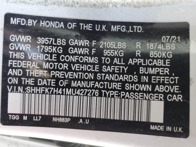 SHHFK7H41MU427276 - 2021 HONDA CIVIC SPORT 白色 照片 12