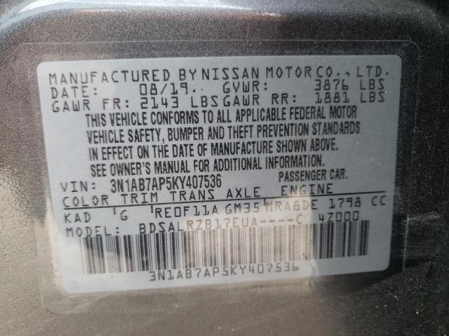 3N1AB7AP5KY407536 - 2019 NISSAN SENTRA S GRAY photo 12