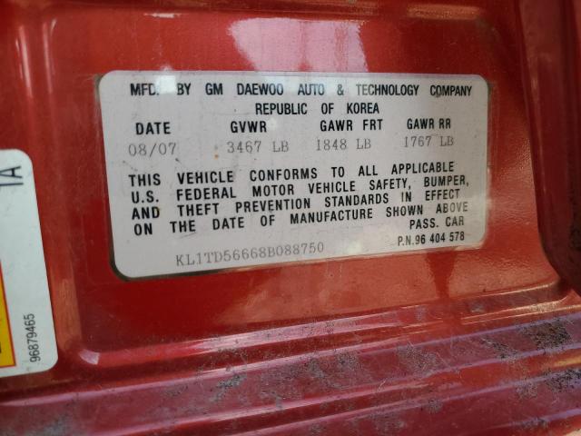 KL1TD56668B088750 - 2008 CHEVROLET AVEO BASE Qırmızı foto 13