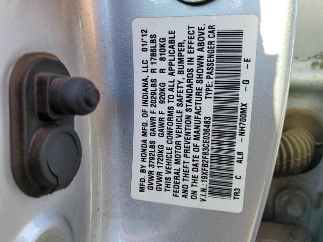 19XFB2F83CE036483 - 2012 HONDA CIVIC EX SILVER photo 12