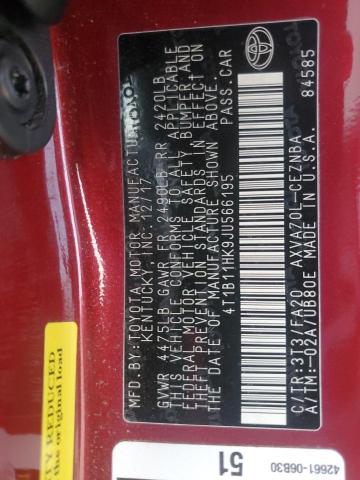 4T1B11HK9JU566195 - 2018 TOYOTA CAMRY L BURGUNDY photo 12