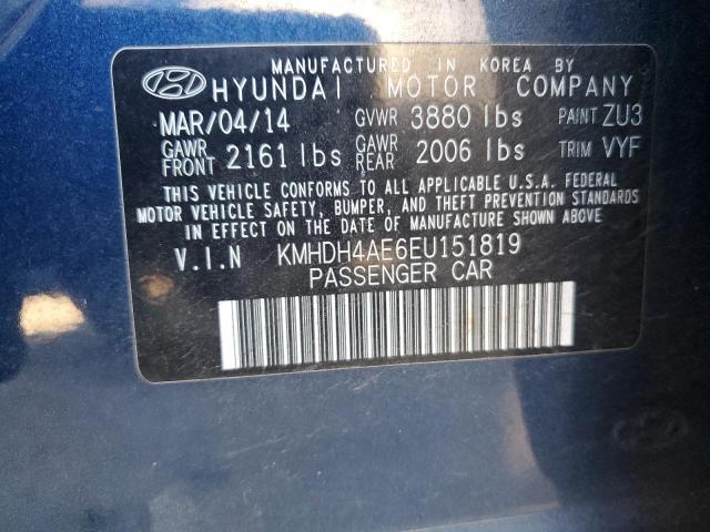 KMHDH4AE6EU151819 - 2014 HYUNDAI ELANTRA SE BLUE photo 13