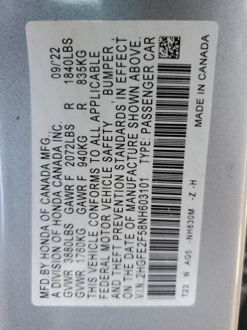 2HGFE2F58NH603101 - 2022 HONDA CIVIC SPORT 银色 照片 12