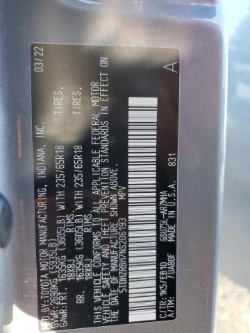 5TDHZRBH7NS206193 - 2022 TOYOTA HIGHLANDER XLE BLUE photo 13