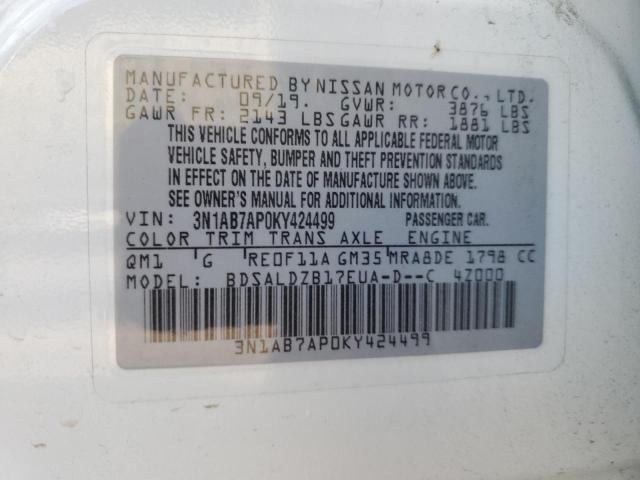 3N1AB7AP0KY424499 - 2019 NISSAN SENTRA S WHITE photo 12