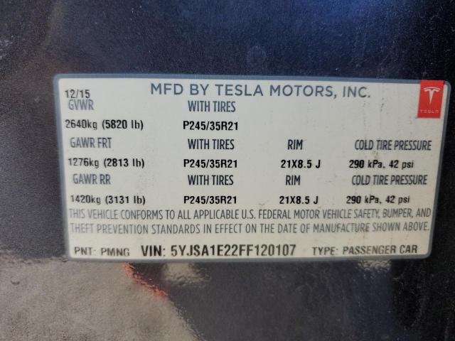 5YJSA1E22FF120107 - 2015 TESLA MODEL S ნაცრისფერი ფოტო 12