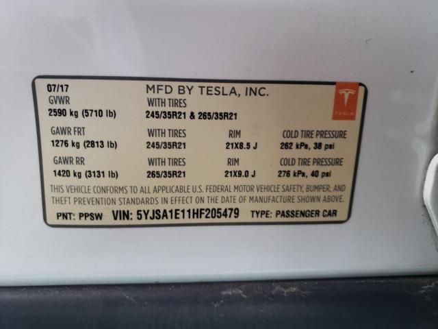 5YJSA1E11HF205479 - 2017 TESLA MODEL S თეთრი ფოტო 12