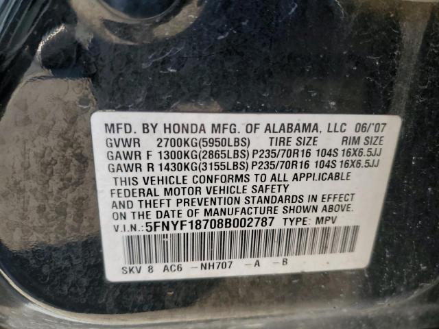 5FNYF18708B002787 - 2008 HONDA PILOT EXL BLACK photo 12