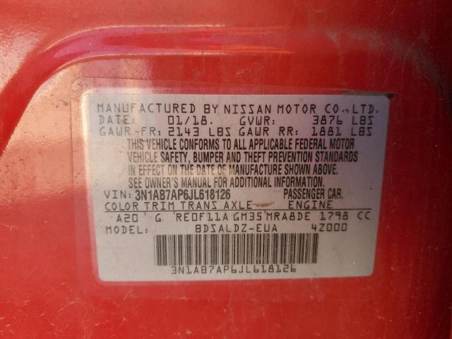 3N1AB7AP6JL618126 - 2018 NISSAN SENTRA S 红色 照片 12