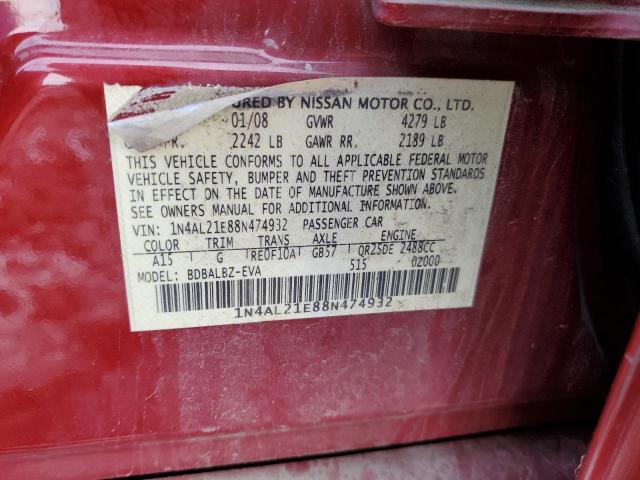 1N4AL21E88N474932 - 2008 NISSAN ALTIMA 2.5 RED photo 12