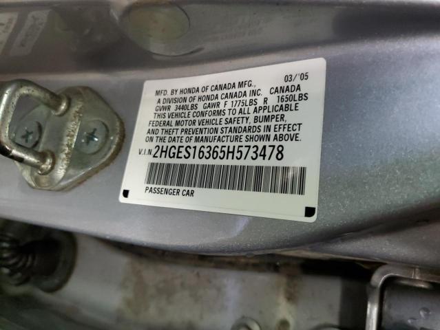 2HGES16365H573478 - 2005 HONDA CIVIC DX VP 银色 照片 12