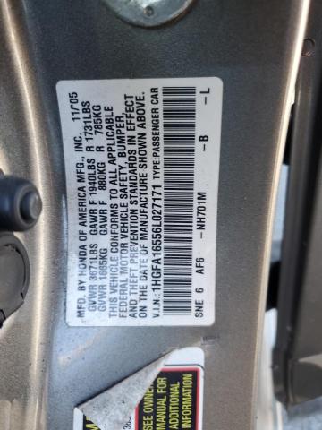 1HGFA16556L027171 - 2006 HONDA CIVIC LX GRAY photo 12