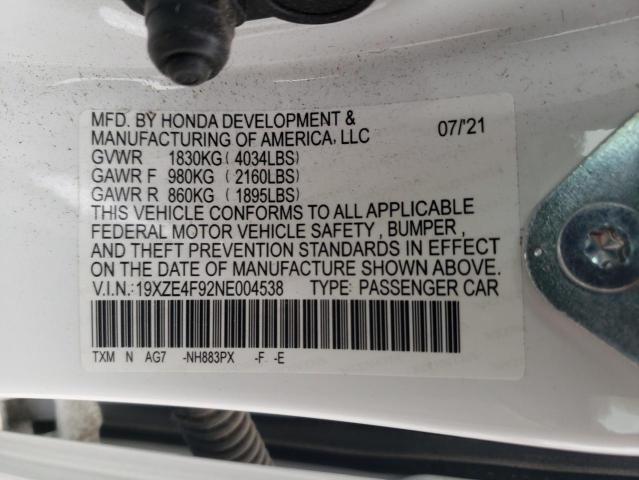 19XZE4F92NE004538 - 2022 HONDA INSIGHT TOURING WHITE photo 12