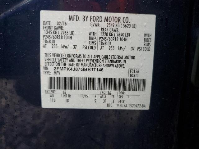 2FMPK4J87GBB17146 - 2016 FORD EDGE SEL BLUE photo 12