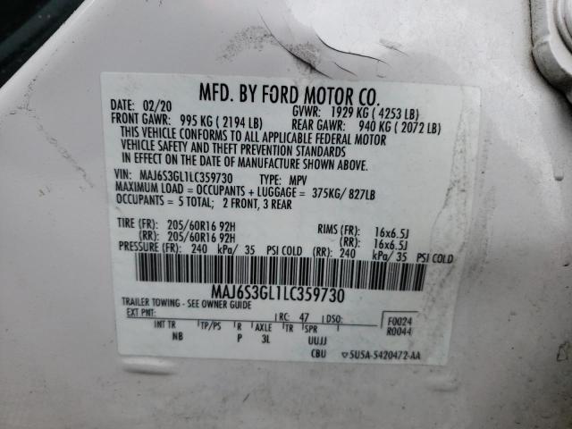 MAJ6S3GL1LC359730 - 2020 FORD ECOSPORT SE WHITE photo 12