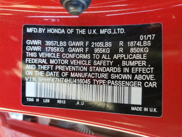 SHHFK7H74HU416045 - 2017 HONDA CIVIC EXL წითელი ფოტო 13