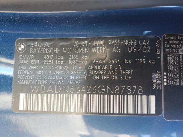 WBADN63423GN87878 - 2003 BMW 540 I AUTOMATIC BLUE photo 12