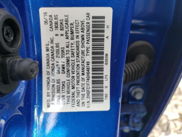 2HGFC1F74GH648749 - 2016 HONDA CIVIC EXL 蓝色 照片 13