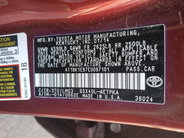4T1BK1EB7EU097101 - 2014 TOYOTA AVALON BASE 勃艮第红 照片 12