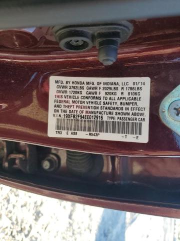 19XFB2F94EE012916 - 2014 HONDA CIVIC EXL მუქწითელი ფოტო 12