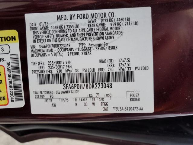 3FA6P0H78DR223048 - 2013 FORD FUSION SE BURGUNDY photo 12