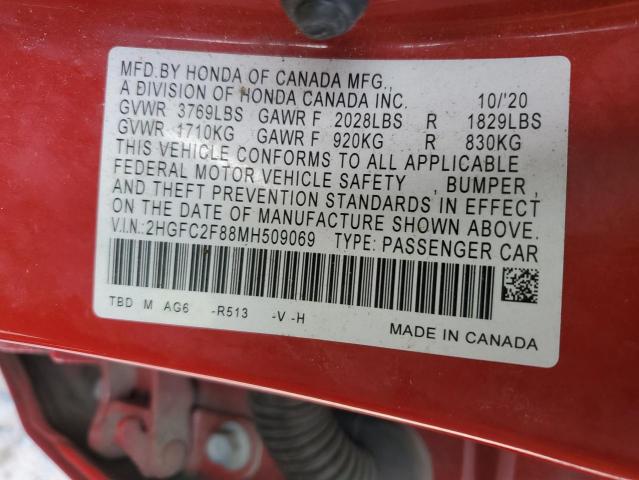 2HGFC2F88MH509069 - 2021 HONDA CIVIC SPORT წითელი ფოტო 13