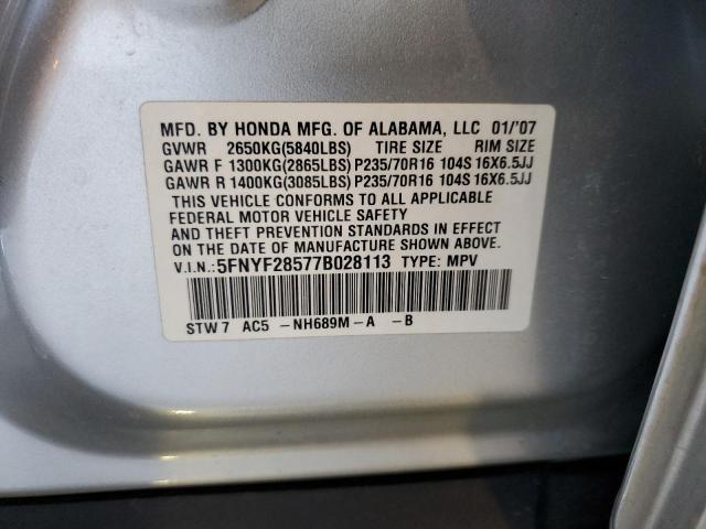 5FNYF28577B028113 - 2007 HONDA PILOT EXL SILVER photo 13