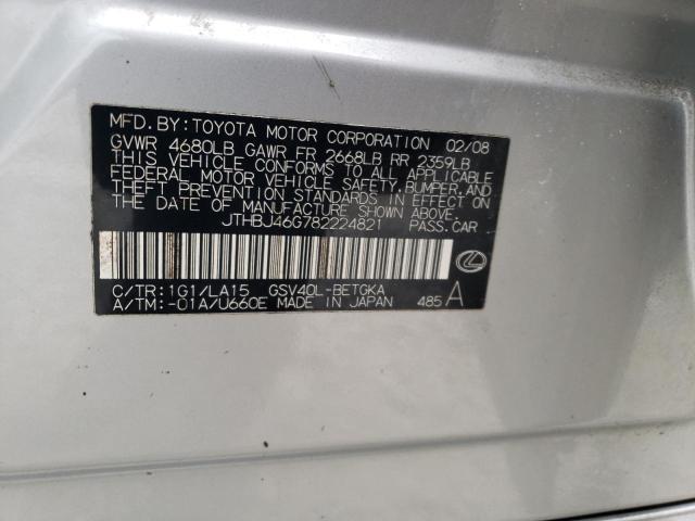 JTHBJ46G782224821 - 2008 LEXUS ES 350 SILVER photo 12