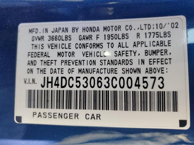 JH4DC53063C004573 - 2003 ACURA RSX TYPE-S BLUE photo 12