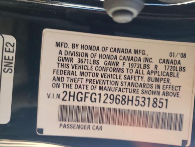 2HGFG12968H531851 - 2008 HONDA CIVIC EXL 黑色 照片 12