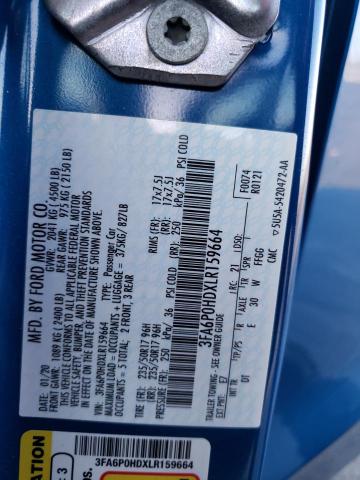 3FA6P0HDXLR159664 - 2020 FORD FUSION SE BLUE photo 13