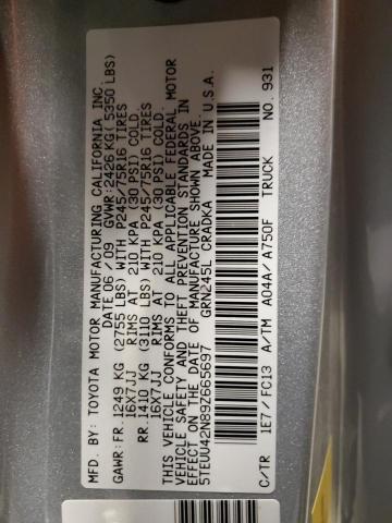 5TEUU42N89Z665697 - 2009 TOYOTA TACOMA ACCESS CAB Күміс фото 12