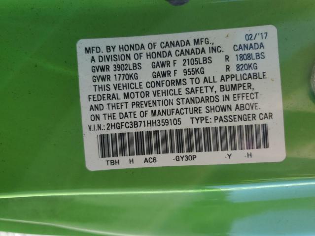 2HGFC3B71HH359105 - 2017 HONDA CIVIC EXL მწვანე ფოტო 12