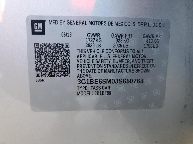 3G1BE6SM0JS650768 - 2018 CHEVROLET CRUZE LT SILVER photo 13