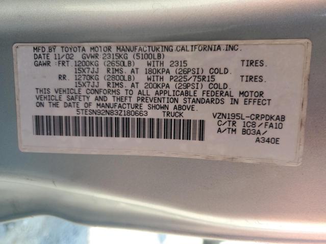 5TESN92N83Z180663 - 2003 TOYOTA TACOMA XTRACAB PRERUNNER 灰色 照片 12