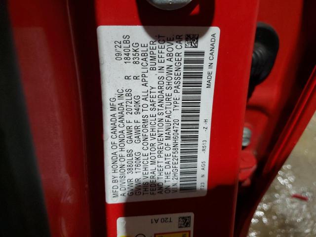 2HGFE2F58NH604720 - 2022 HONDA CIVIC SPORT 红色 照片 12