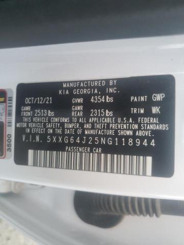 5XXG64J25NG118944 - 2022 KIA K5 GT LINE WHITE photo 12