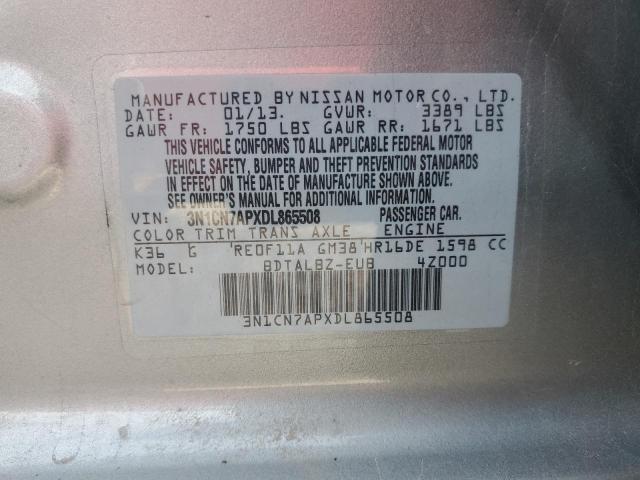 3N1CN7APXDL865508 - 2013 NISSAN VERSA S SILVER photo 13