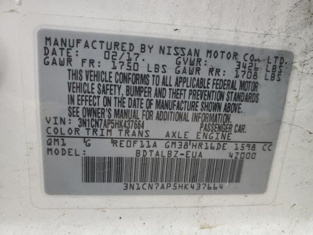 3N1CN7AP5HK437664 - 2017 NISSAN VERSA S WHITE photo 13