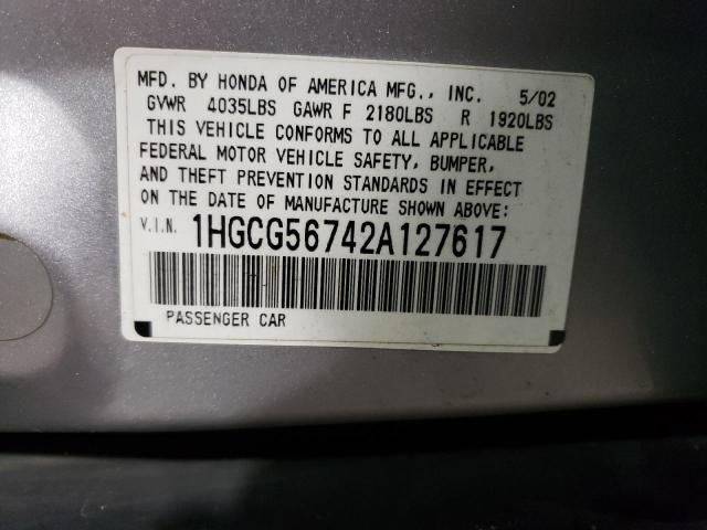 1HGCG56742A127617 - 2002 HONDA ACCORD SE SILVER photo 12