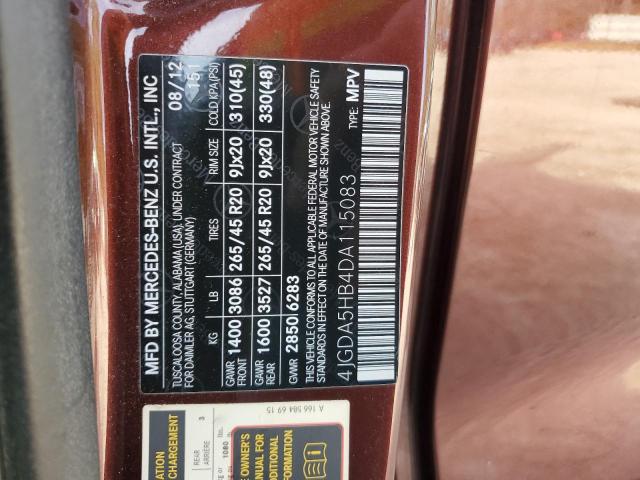 4JGDA5HB4DA115083 - 2013 MERCEDES-BENZ ML 350 4MATIC MAROON photo 12