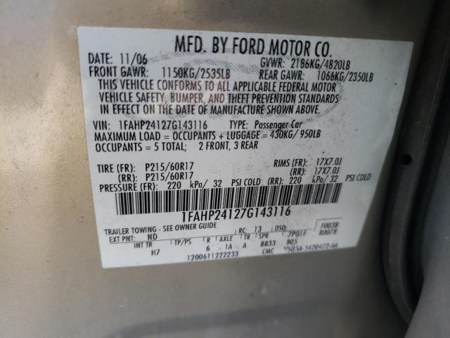 1FAHP24127G143116 - 2007 FORD FIVE HUNDR SEL GOLD photo 12